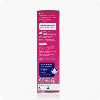 For Conceive Plus Men's Fertility Support and Fertility Lubricant Bundle, rear side of 30ml fertility lubricant box displaying manufacturer and distributor contact details, global office locations, product certification marks, and a quality assurance label confirming pH and osmolality testing—all set on a magenta background with fine print legible.