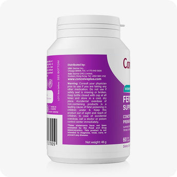 Conceive Plus Women's Fertility Support supplement bottle turned to display manufacturer details, warning label, and barcode on purple side panel, offering a transparent view of usage guidelines and safety instructions for buyers.